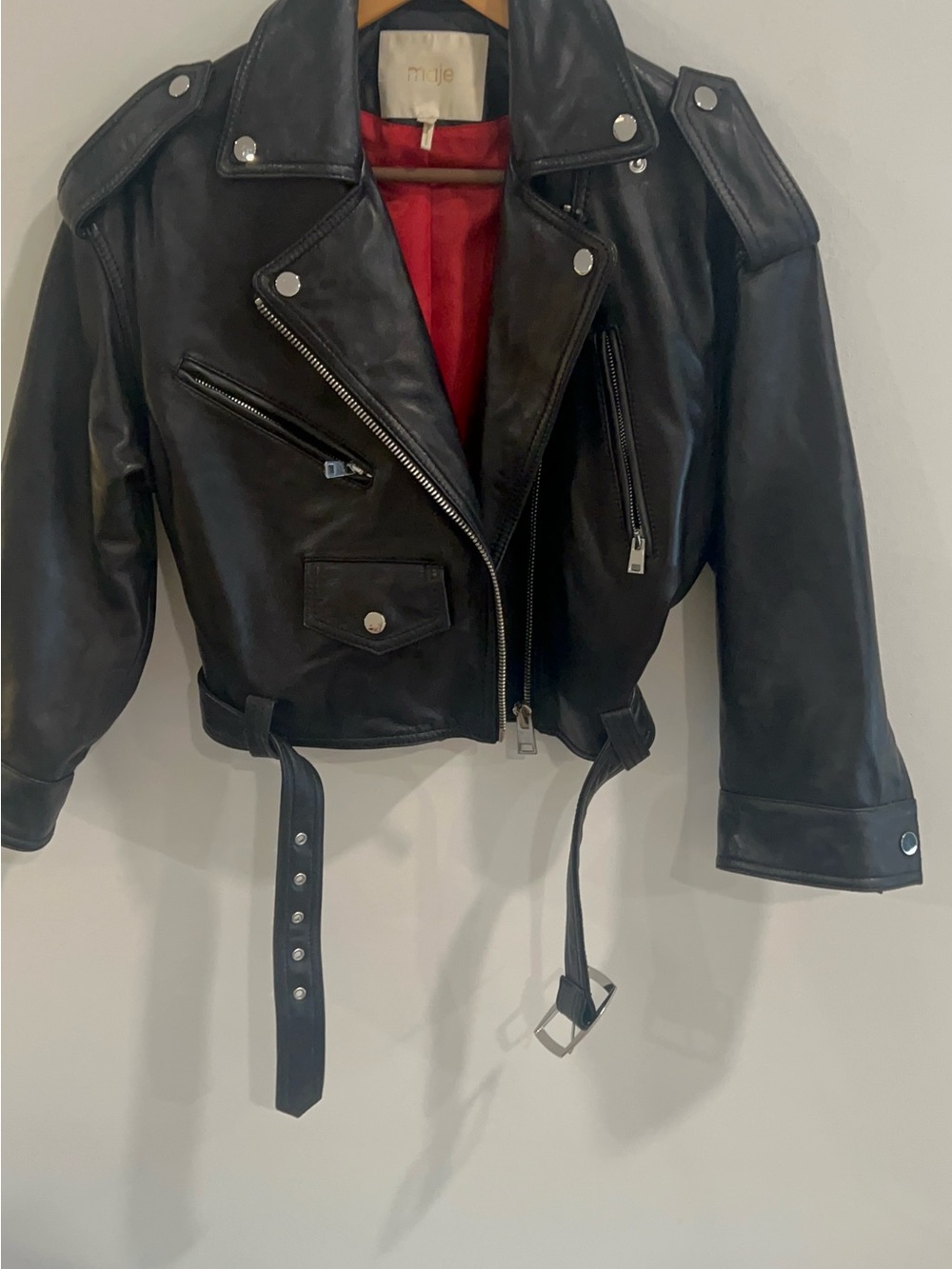 Maje Black Leather Biker Jacket with Red Lining size 38 - Picture 4 of 12
